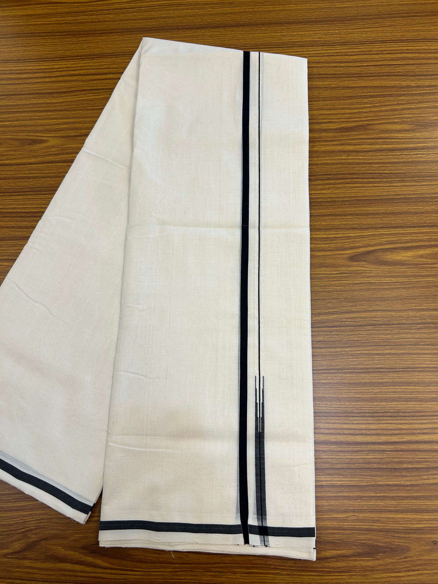 25% Discount!! KaithariKada Handloom Unakkupaav - Kerala Handloom - 100% Pure Cotton Off White (Unbleached) Double Mundu/Dothi - 100x80 - 1 cm Black Puliyilakkara Chutty Kara 3.80 mtr (8 muzham) - 35 KK5353 REA