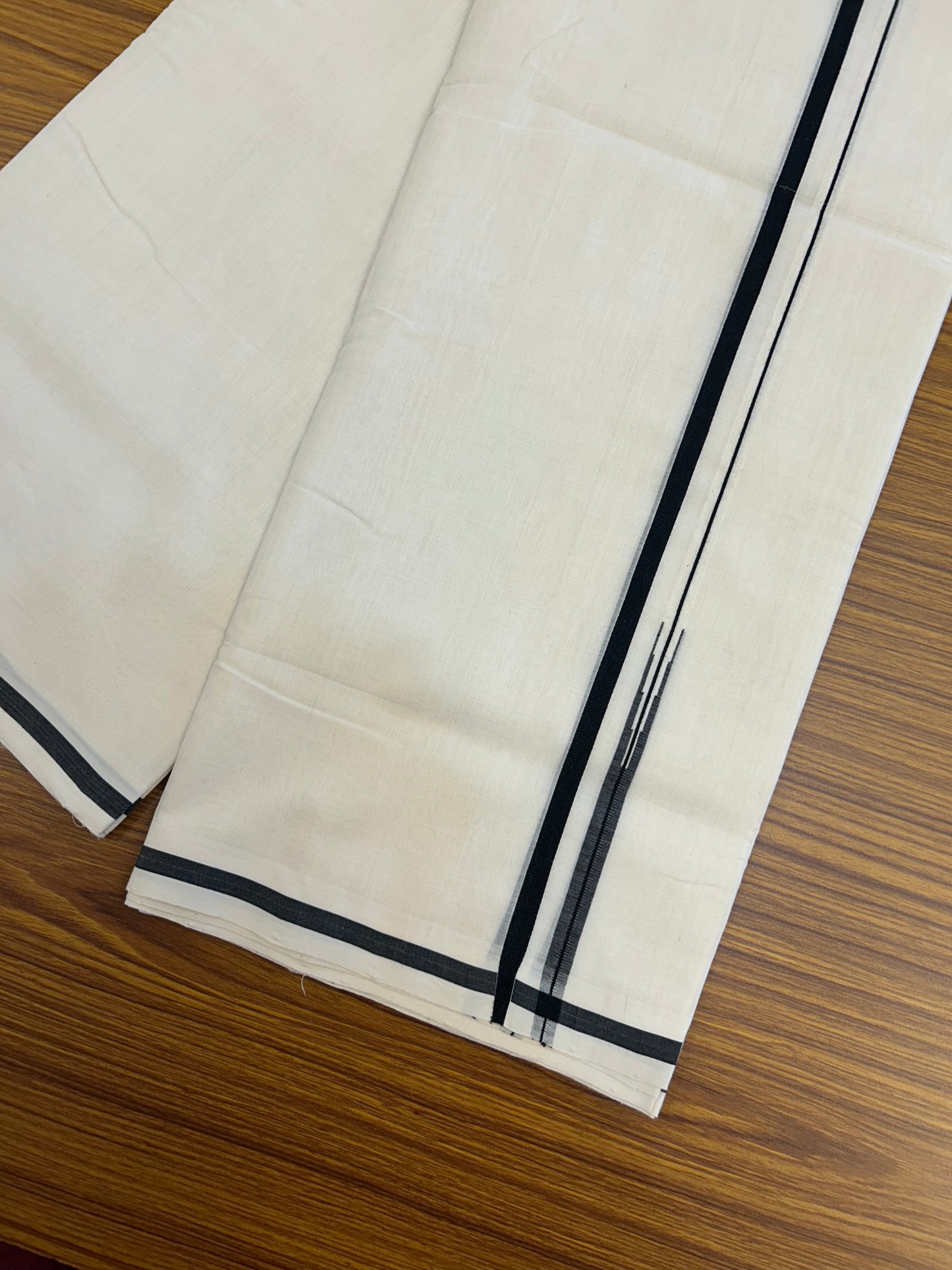 25% Discount!! KaithariKada Handloom Unakkupaav - Kerala Handloom - 100% Pure Cotton Off White (Unbleached) Double Mundu/Dothi - 100x80 - 1 cm Black Puliyilakkara Chutty Kara 3.80 mtr (8 muzham) - 35 KK5353 REA