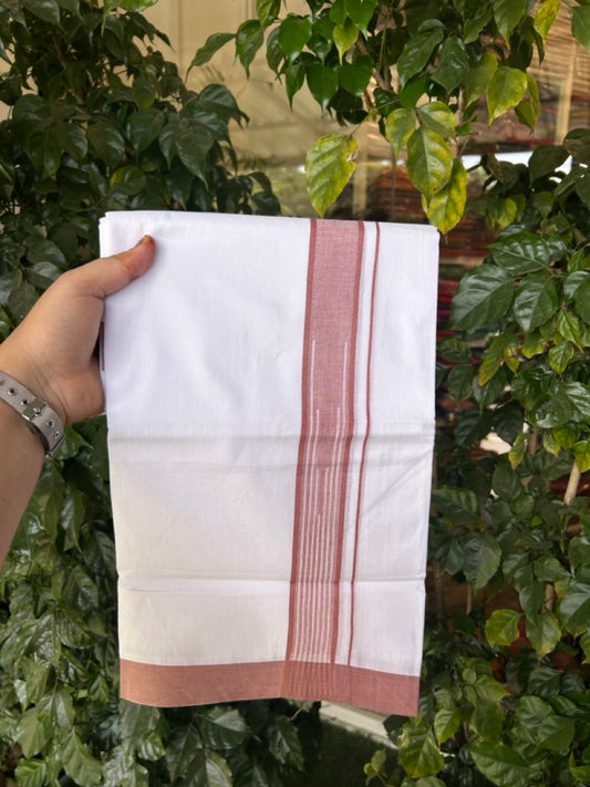 20% Discount ! Kaitharikada Balaramapuram 100% Pure Cotton Double Pure White Mundu/Dhoti - 100x80 - 1.5 inch Dusty Peach shaded white striped chutty 3.90 mtr (8.5 muzham) - 47 KK5287 PMC