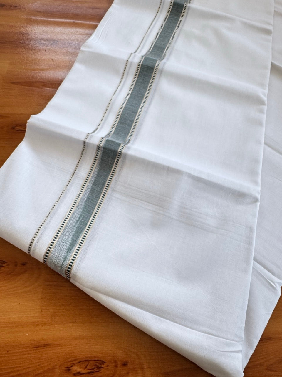 Double Pure White Mundu/Dhoti - 20% Discount !! KaithariKada Balaramapuram 100% Cotton - 100x80 - 1 Inch Puliyilakkara Silver Kasav & Green Striped Chutty Kara 3.90 mtr (8 muzham) - 4 KK5504 VAS
