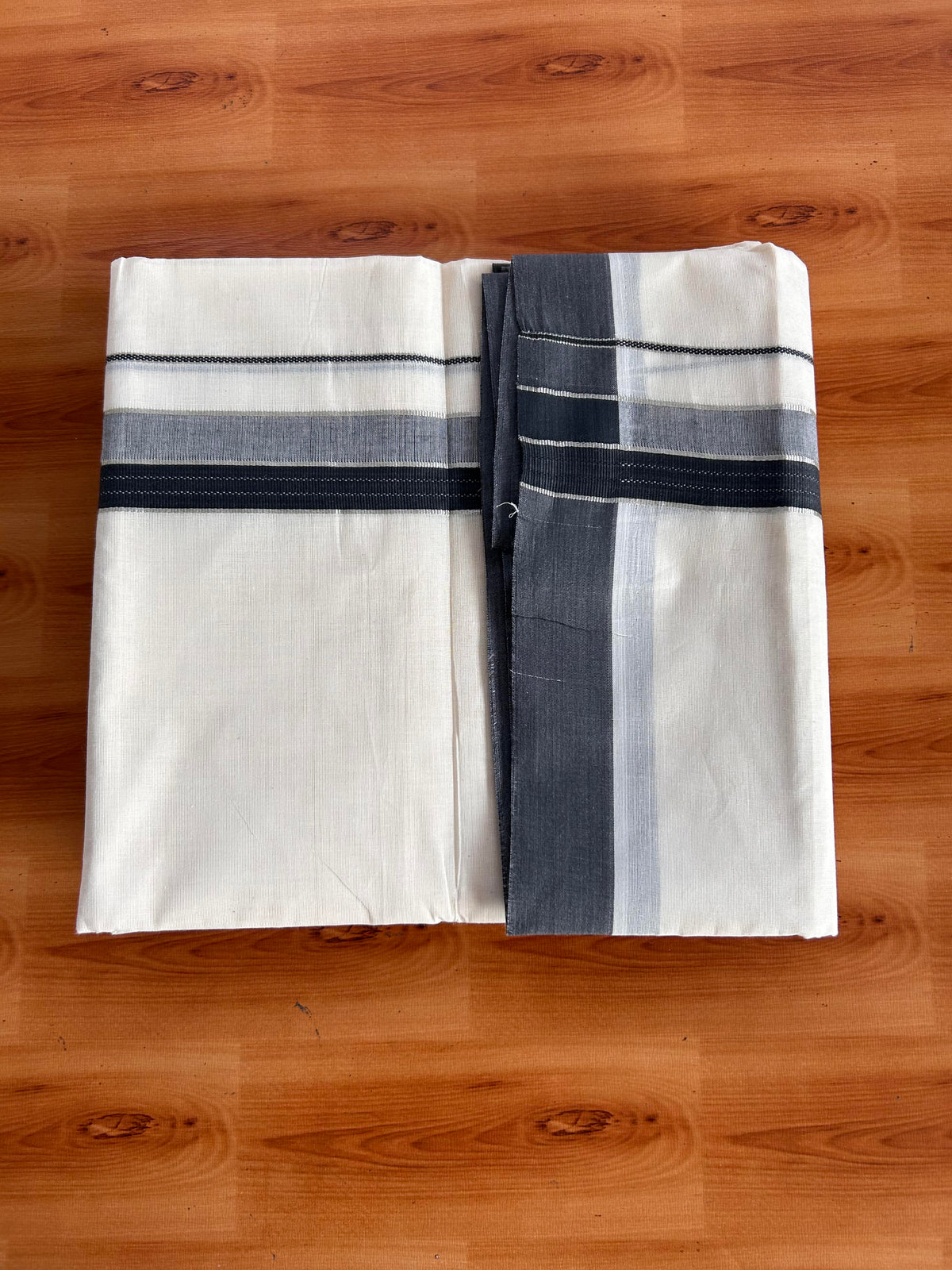 Double Off White (Unbleached) Mundu/Dhoti - 20% Discount! Kaitharikada 100% Pure Cotton - 100x80 - 1.5 inch Silver Kasav & Black striped shaded Kara 4 mtr (8.5 muzham) - 25 KK5540 PMC