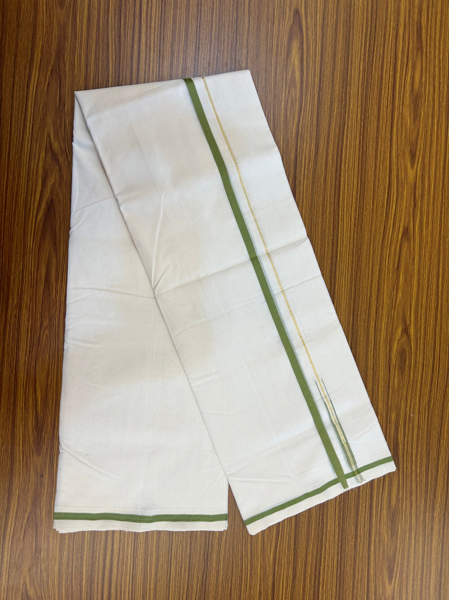 25% Discount!! KaithariKada Handloom Unakkupaav - Kerala Handloom - 100% Pure Cotton Off White - (Unbleached) Double Mundu/Dothi - 100x80 - Pure Jerry 1 cm Gold Kasav & Pear Green Chutty Kara 3.80 mtr (8 muzham) - 16 KK5353 REA