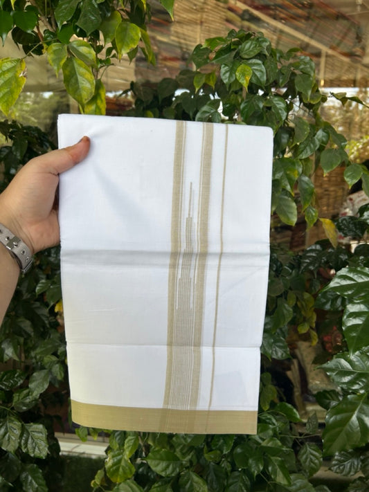 20% Discount ! Kaitharikada Balaramapuram 100% Pure Cotton Double Pure White Mundu/Dhoti - 100x80 - 1.5 inch Pastel Olive Green shaded striped temple chutty 3.90 mtr (8.5 muzham) - 60 KK5287 PMC