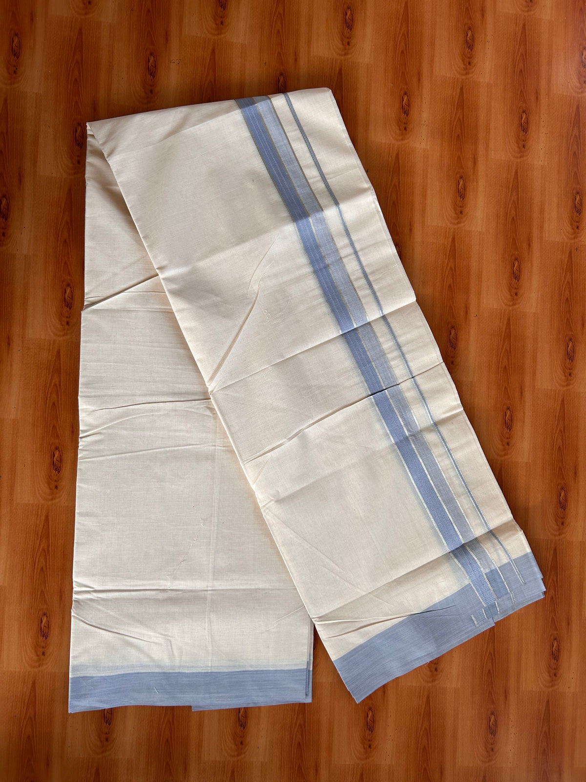 Double Off White (Unbleached) Mundu/Dhoti - 20% Discount! Kaitharikada 100% Pure Cotton - 100x80 - 1.5 inch Silver Kasav & Ash Blue striped shaded Kara 4 mtr (8.5 muzham) - 29 KK5540 PMC