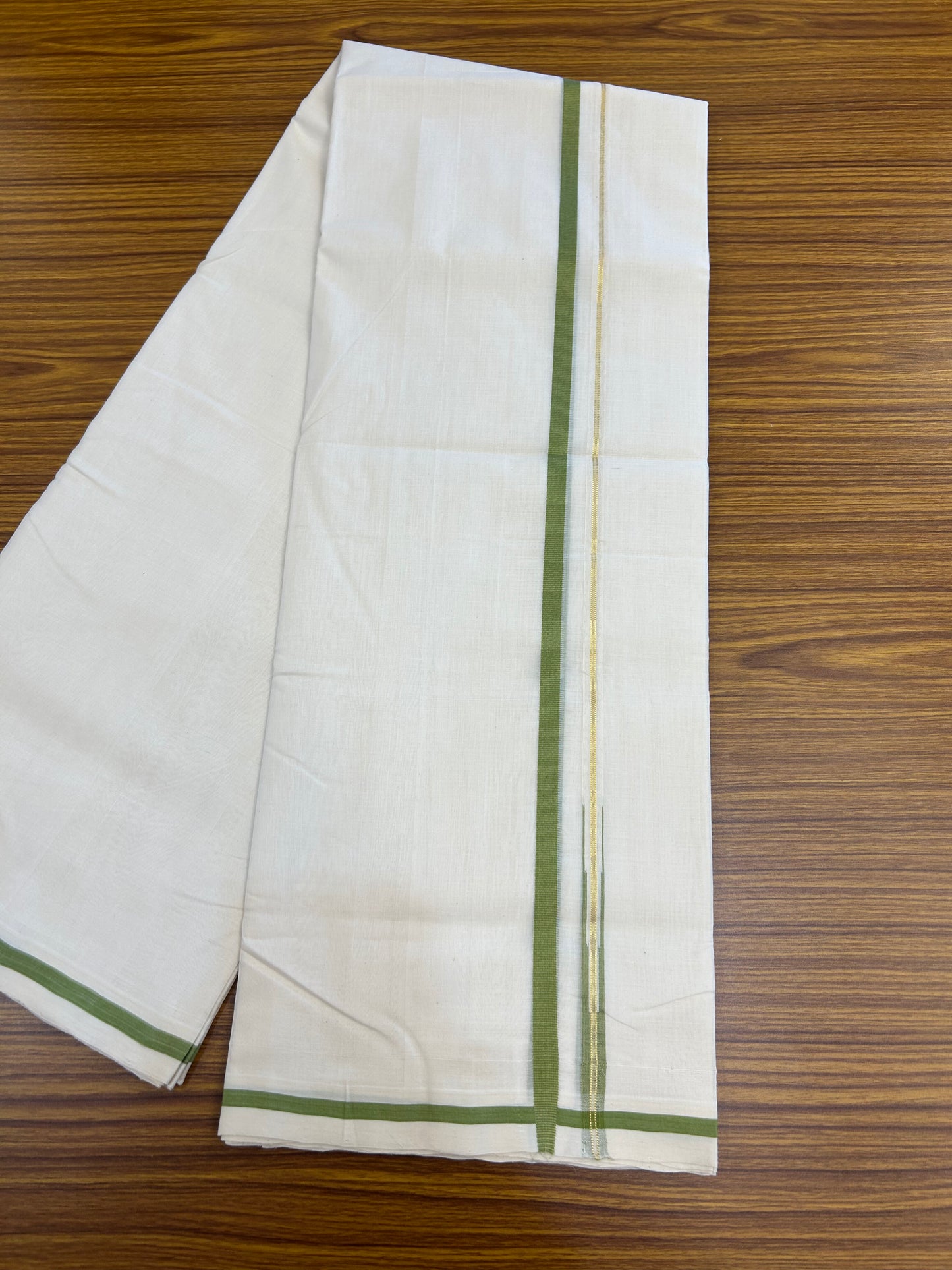 25% Discount!! KaithariKada Handloom Unakkupaav - Kerala Handloom - 100% Pure Cotton Off White - (Unbleached) Double Mundu/Dothi - 100x80 - Pure Jerry 1 cm Gold Kasav & Pear Green Chutty Kara 3.80 mtr (8 muzham) - 16 KK5353 REA