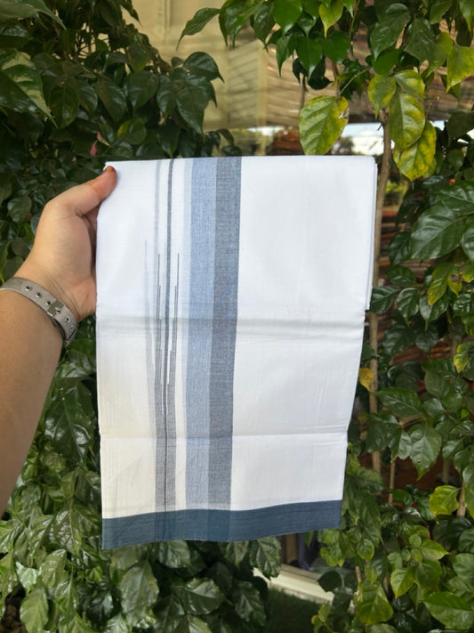 20% Discount ! Kaitharikada Balaramapuram 100% Pure Cotton Double Pure White Mundu/Dhoti - 100x80 - 1.5 inch Peacock Blue shaded striped chutty 3.90 mtr (8.5 muzham) - 80 KK5287 PMC