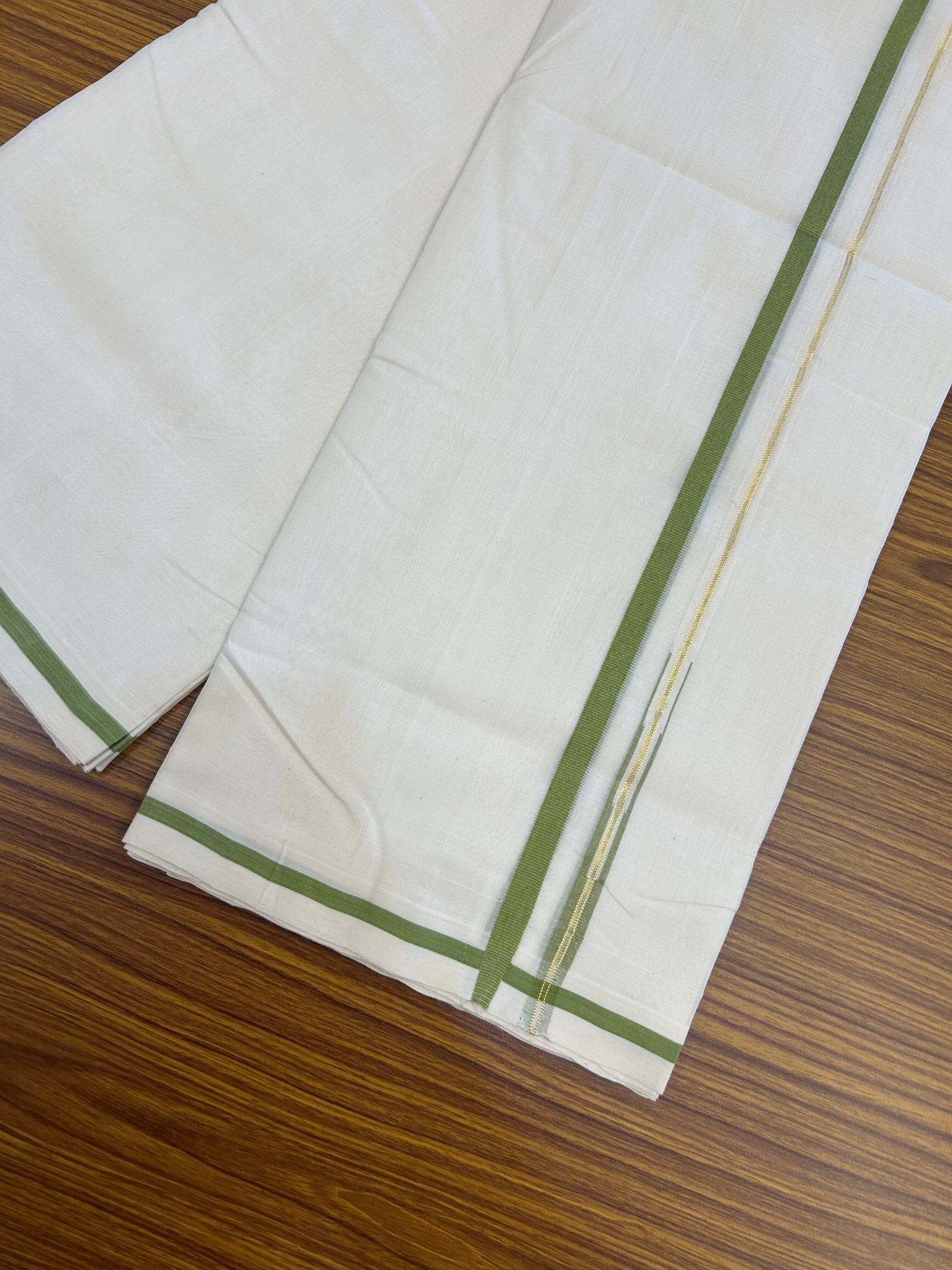 25% Discount!! KaithariKada Handloom Unakkupaav - Kerala Handloom - 100% Pure Cotton Off White - (Unbleached) Double Mundu/Dothi - 100x80 - Pure Jerry 1 cm Gold Kasav & Pear Green Chutty Kara 3.80 mtr (8 muzham) - 16 KK5353 REA