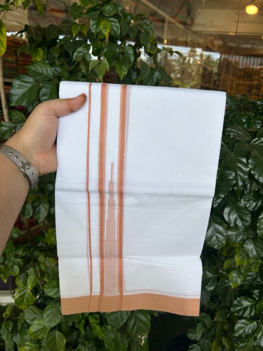 20% Discount ! Kaitharikada Balaramapuram 100% Pure Cotton Double Pure White Mundu/Dhoti - 100x80 - 1.25 inch Peanut Brown striped temple chutty 3.90 mtr (8.5 muzham) - 55 KK5287 PMC