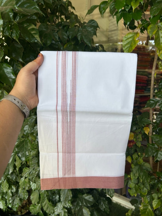 20% Discount ! Kaitharikada Balaramapuram 100% Pure Cotton Double Pure White Mundu/Dhoti - 100x80 - 1.25 inch Dusty Rose striped chutty 3.90 mtr (8.5 muzham) - 72 KK5287 PMC