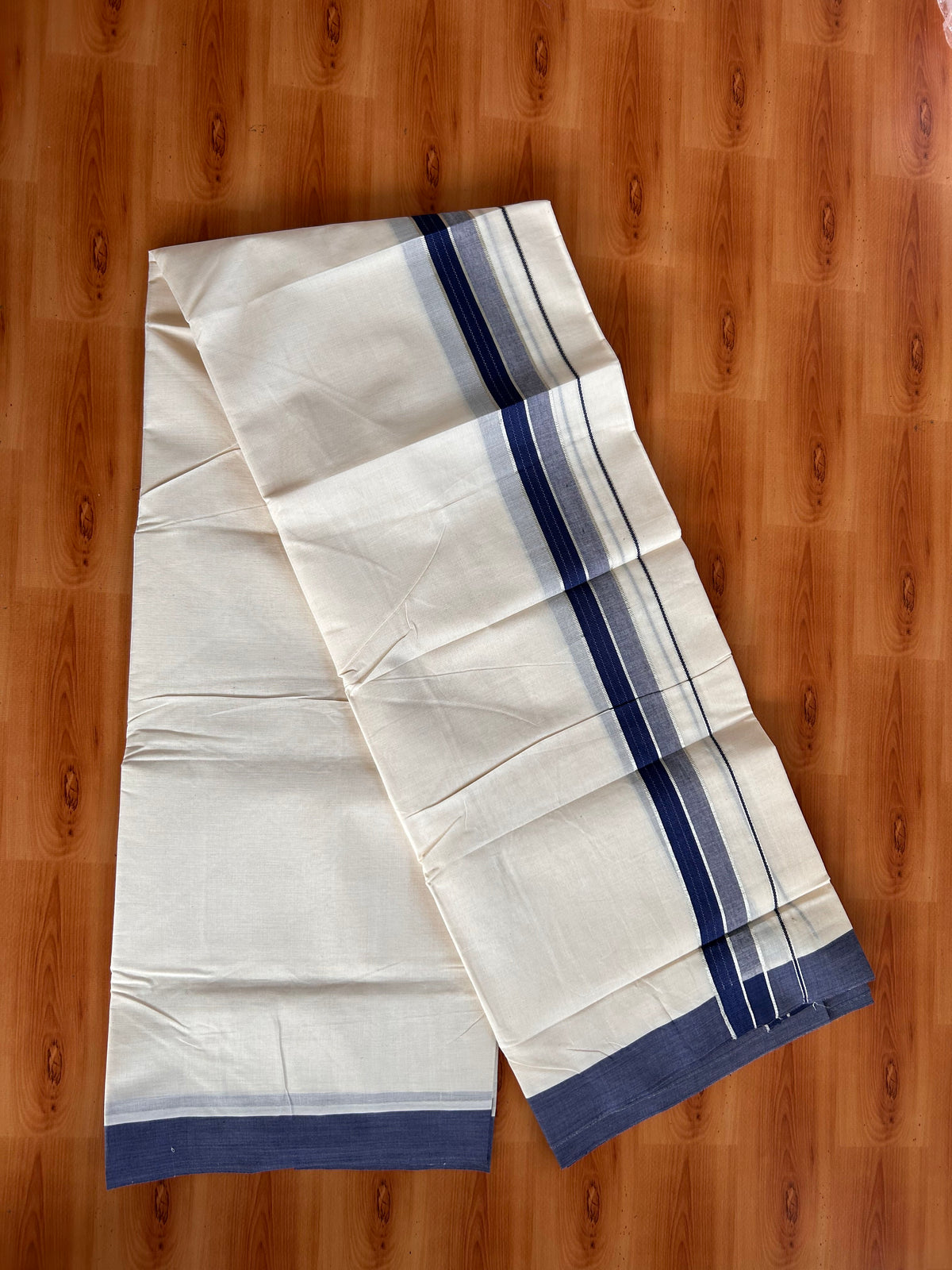 Double Off White (Unbleached) Mundu/Dhoti - 20% Discount! Kaitharikada 100% Pure Cotton - 100x80 - 1.5 inch Silver Kasav & Navy Blue striped shaded Kara 4 mtr (8.5 muzham) - 27 KK5540 PMC