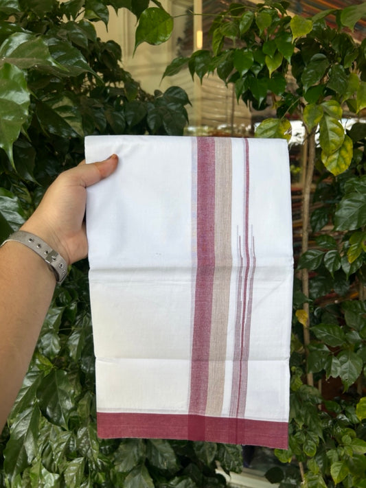20% Discount ! Kaitharikada Balaramapuram 100% Pure Cotton Double Pure White Mundu/Dhoti - 100x80 - 1.5 inch Maroon & Sage Green shaded striped chutty 3.90 mtr (8.5 muzham) - 84 KK5287 PMC