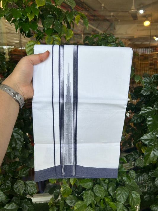 20% Discount ! Kaitharikada Balaramapuram 100% Pure Cotton Double Pure White Mundu/Dhoti - 100x80 - 1.75 inch Navy Blue striped temple chutty 3.90 mtr (8.5 muzham) - 63 KK5287 PMC