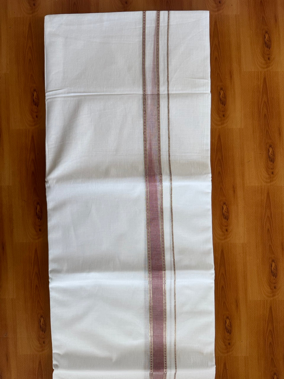Double Pure White Mundu/Dhoti - 20% Discount !! KaithariKada Balaramapuram 100% Cotton - 100x80 - 1 Inch Puliyilakkara Silver Kasav & Dusty Peach Striped Chutty Kara 3.90 mtr (8 muzham) - 6 KK5504 VAS