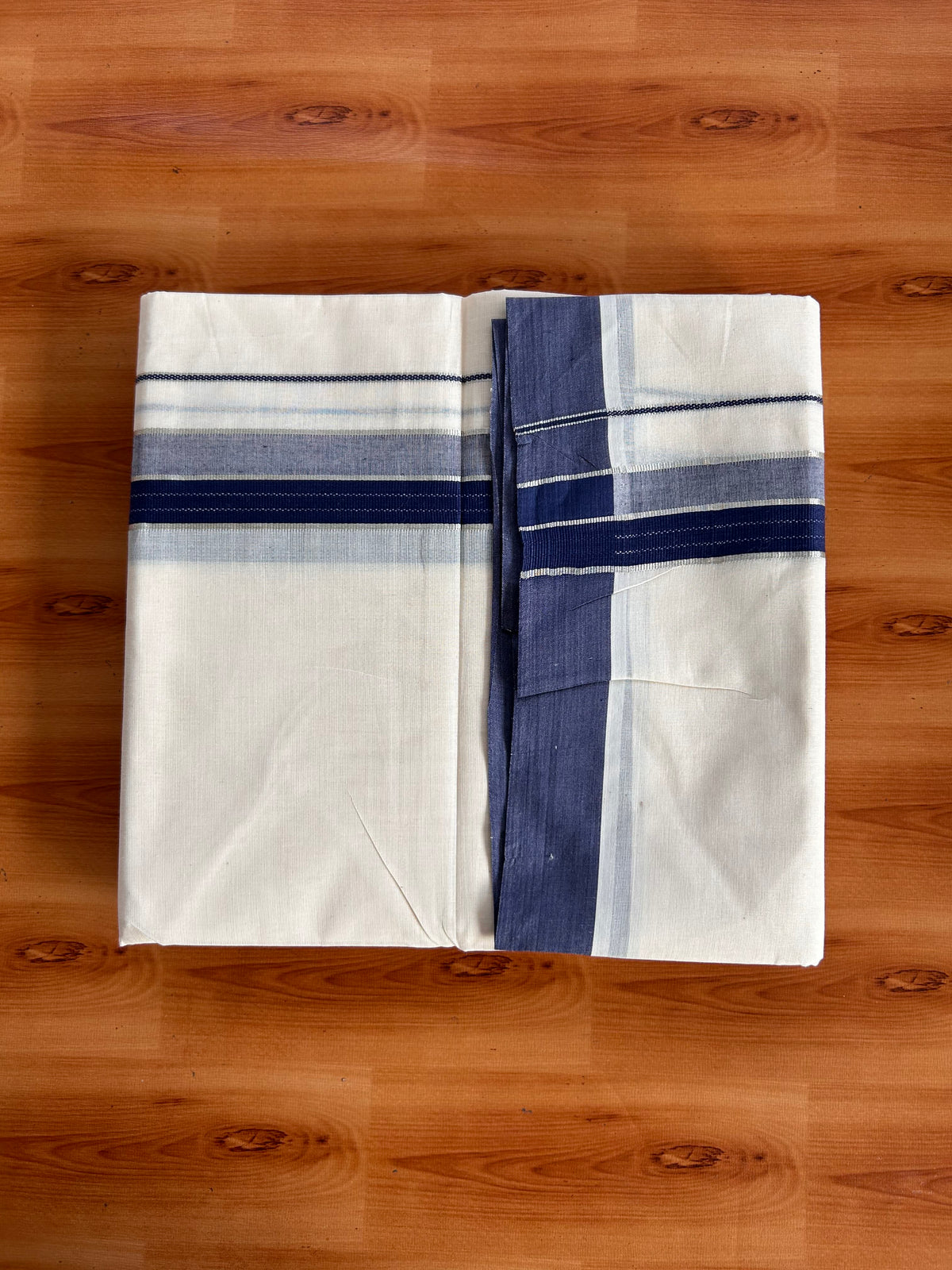 Double Off White (Unbleached) Mundu/Dhoti - 20% Discount! Kaitharikada 100% Pure Cotton - 100x80 - 1.5 inch Silver Kasav & Navy Blue striped shaded Kara 4 mtr (8.5 muzham) - 27 KK5540 PMC