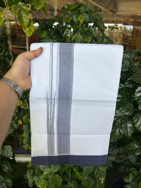 20% Discount ! Kaitharikada Balaramapuram 100% Pure Cotton Double Pure White Mundu/Dhoti - 100x80 - 1.5 inch Navy Blue shaded striped chutty 3.90 mtr (8.5 muzham) - 77 KK5287 PMC