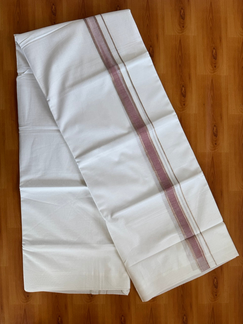 Double Pure White Mundu/Dhoti - 20% Discount !! KaithariKada Balaramapuram 100% Cotton - 100x80 - 1 Inch Puliyilakkara Silver Kasav & Dusty Peach Striped Chutty Kara 3.90 mtr (8 muzham) - 6 KK5504 VAS