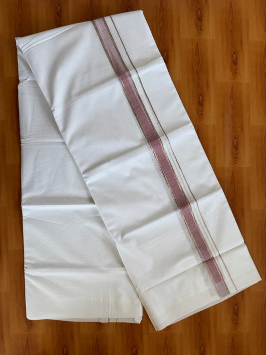 Double Pure White Mundu/Dhoti - 20% Discount !! KaithariKada Balaramapuram 100% Cotton - 100x80 - 1 Inch Puliyilakkara Silver Kasav & Dusty Peach Striped Chutty Kara 3.90 mtr (8 muzham) - 6 KK5504 VAS