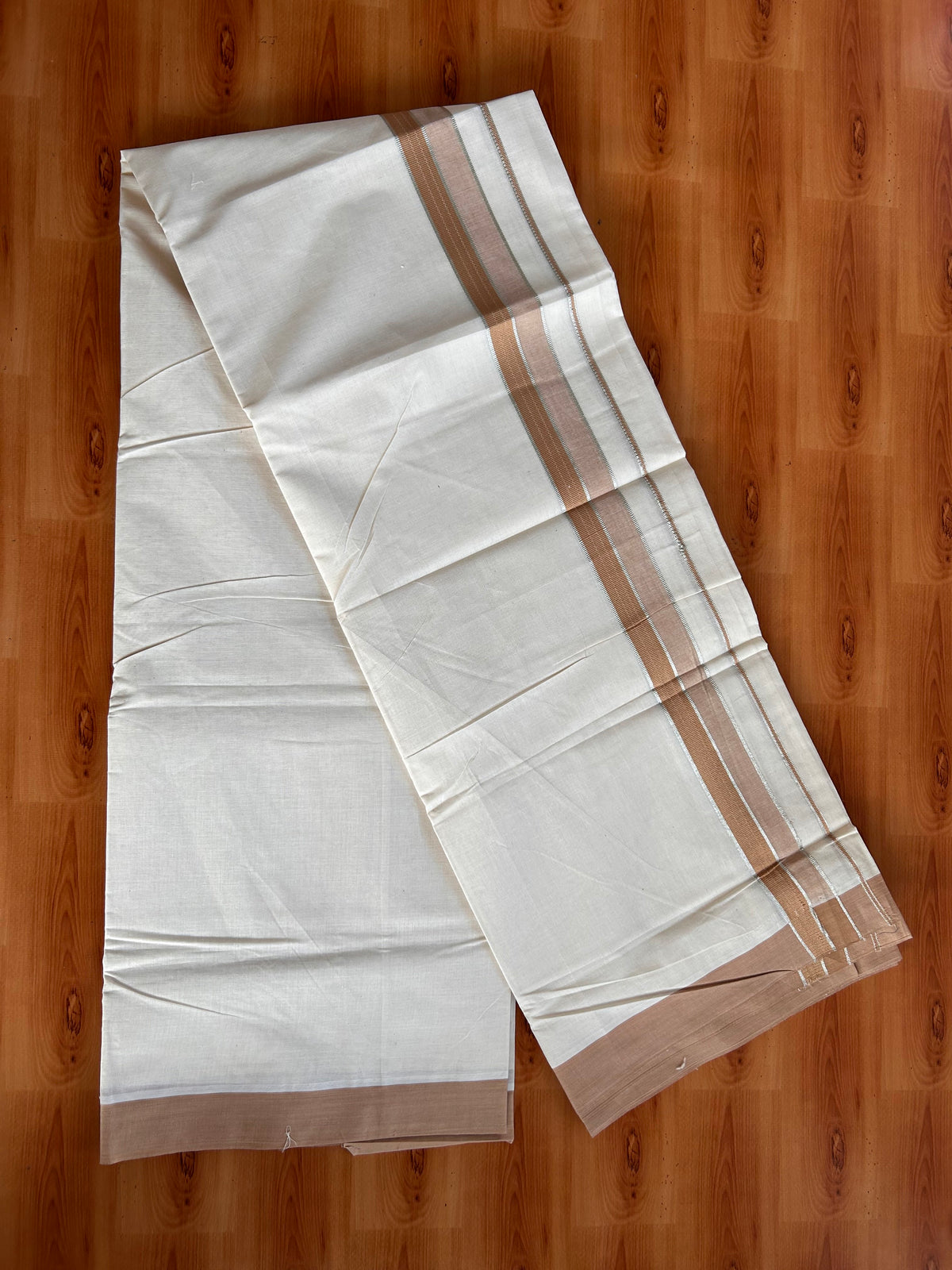 Double Off White (Unbleached) Mundu/Dhoti - 20% Discount! Kaitharikada 100% Pure Cotton - 100x80 - 1.5 inch Silver Kasav & Peanut Brown striped shaded Kara 4 mtr (8.5 muzham) - 26 KK5540 PMC