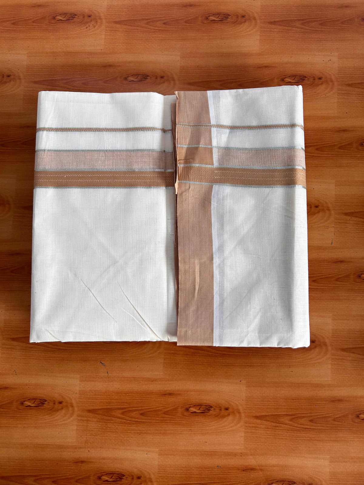Double Off White (Unbleached) Mundu/Dhoti - 20% Discount! Kaitharikada 100% Pure Cotton - 100x80 - 1.5 inch Silver Kasav & Peanut Brown striped shaded Kara 4 mtr (8.5 muzham) - 26 KK5540 PMC