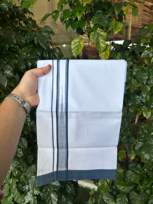 20% Discount ! Kaitharikada Balaramapuram 100% Pure Cotton Double Pure White Mundu/Dhoti - 100x80 - 1.25 inch Peacock Blue striped temple chutty 3.90 mtr (8.5 muzham) - 50 KK5287 PMC