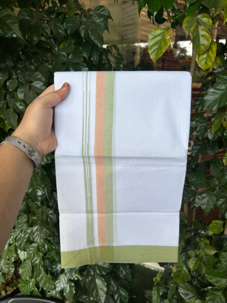 20% Discount ! Kaitharikada Balaramapuram 100% Pure Cotton Double Pure White Mundu/Dhoti - 100x80 - 1.5 inch Light Orange & Light Apple Green shaded chutty 3.90 mtr (8.5 muzham) - 89 KK5287 PMC