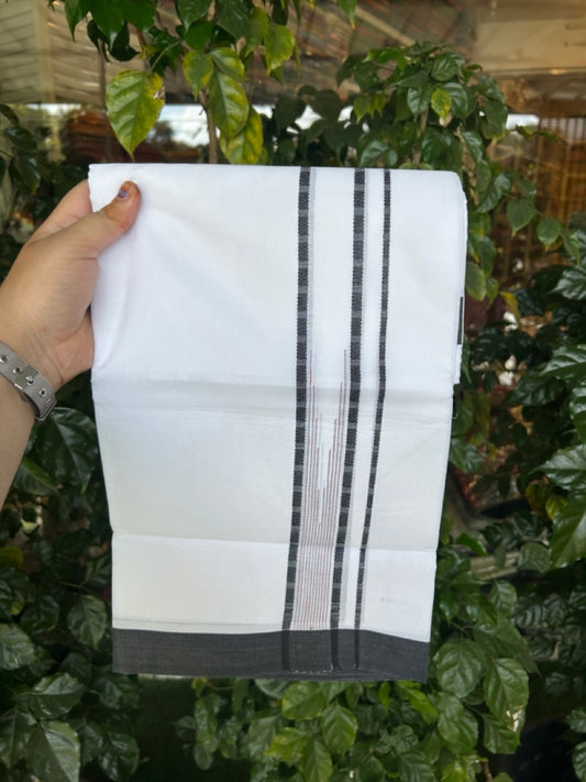 20% Discount ! Kaitharikada Balaramapuram 100% Pure Cotton Double Pure White Mundu/Dhoti - 100x80 - 1.5 inch Black & Multi colour striped chutty 3.90 mtr (8.5 muzham) - 73 KK5287 PMC