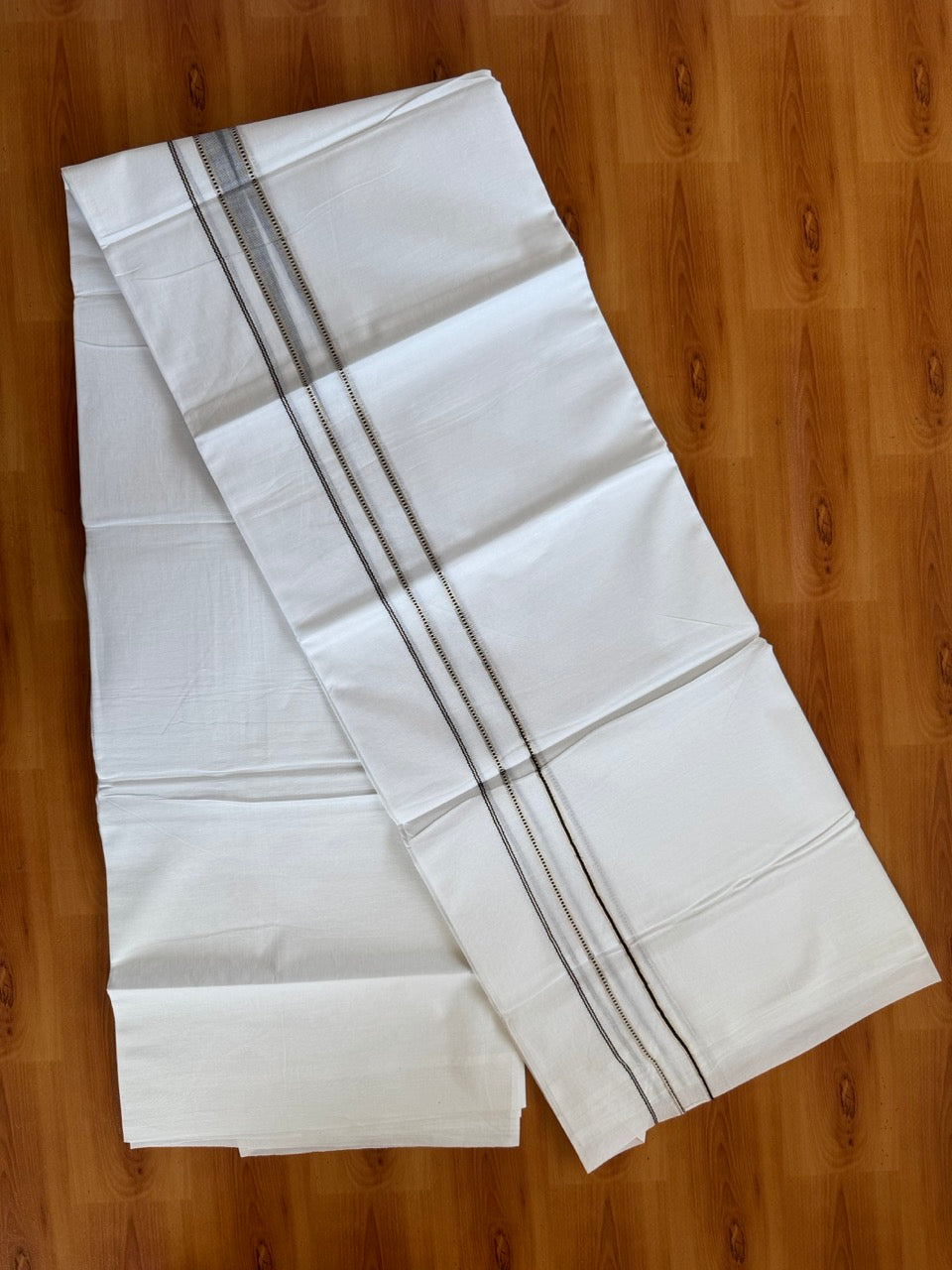 Double Pure White Mundu/Dhoti - 20% Discount !! KaithariKada Balaramapuram 100% Cotton - 100x80 - 1 Inch Puliyilakkara Silver Kasav & Black Striped Chutty Kara 3.90 mtr (8 muzham) - 7 KK5504 VAS