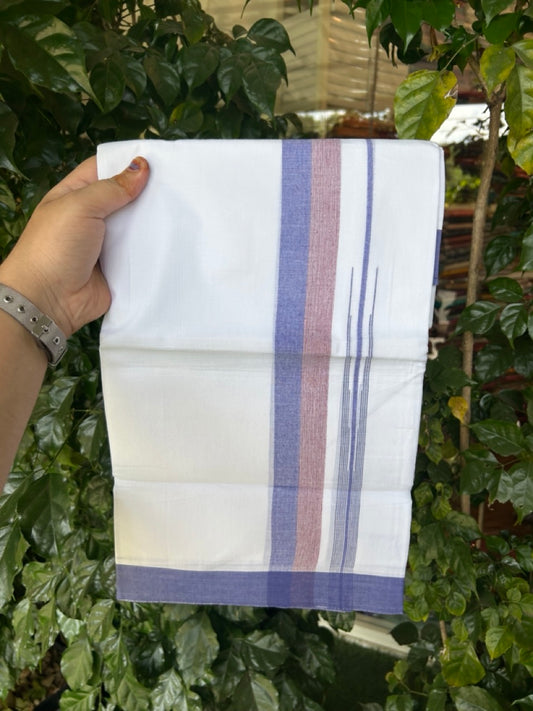 20% Discount ! Kaitharikada Balaramapuram 100% Pure Cotton Double Pure White Mundu/Dhoti - 100x80 - 1.5 inch Violet & Maroon shaded striped chutty 3.90 mtr (8.5 muzham) - 82 KK5287 PMC
