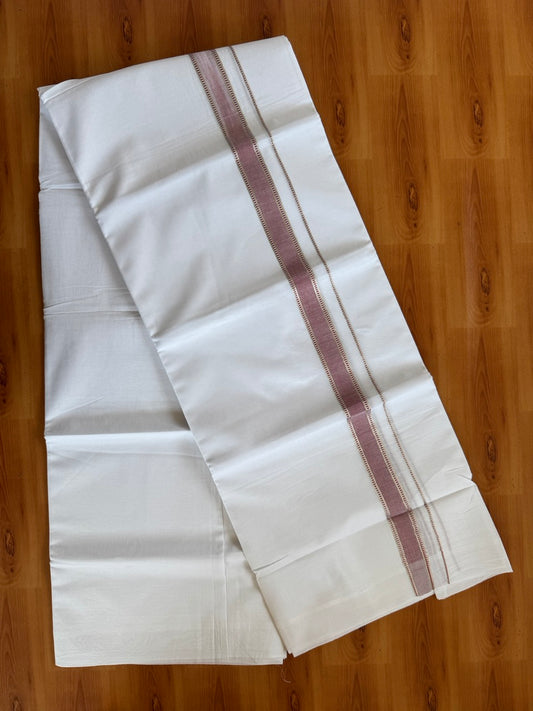 Double Pure White Mundu/Dhoti - 20% Discount !! KaithariKada Balaramapuram 100% Cotton - 100x80 - 1 Inch Puliyilakkara Silver Kasav & Dusty Peach Striped Chutty Kara 3.90 mtr (8 muzham) - 8 KK5504 VAS