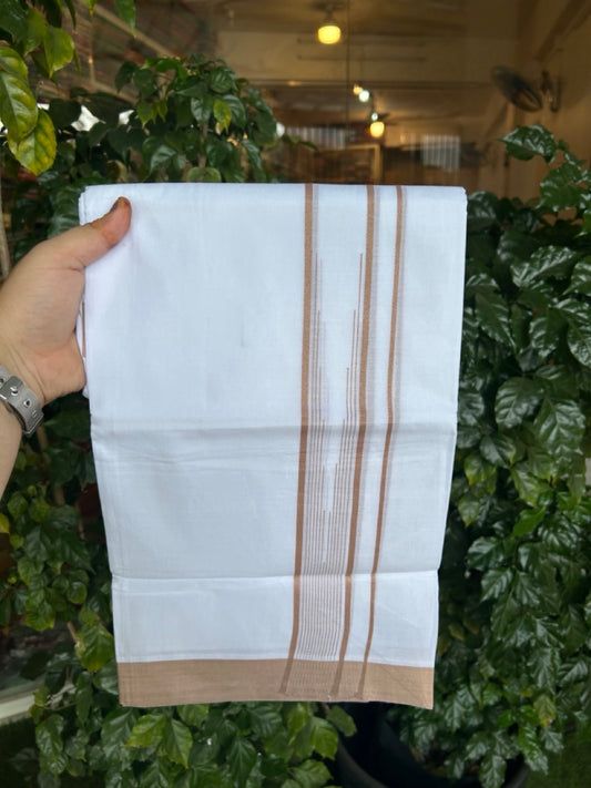 20% Discount ! Kaitharikada Balaramapuram 100% Pure Cotton Double Pure White Mundu/Dhoti - 100x80 - 1.75 inch Sand Brown striped chutty 3.90 mtr (8.5 muzham) - 71 KK5287 PMC