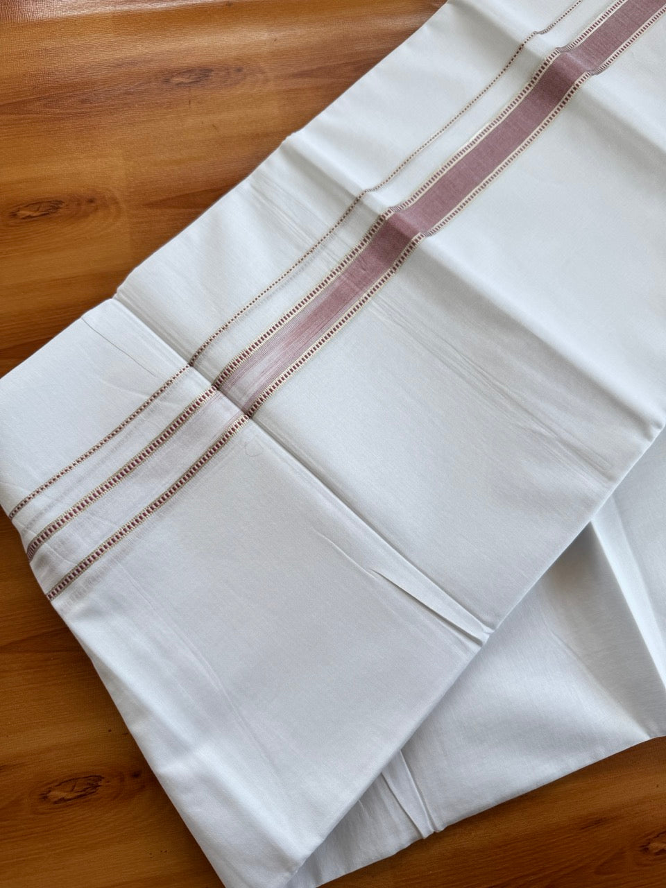 Double Pure White Mundu/Dhoti - 20% Discount !! KaithariKada Balaramapuram 100% Cotton - 100x80 - 1 Inch Puliyilakkara Silver Kasav & Dusty Peach Striped Chutty Kara 3.90 mtr (8 muzham) - 8 KK5504 VAS
