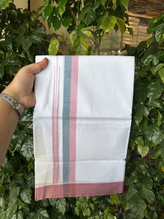 20% Discount ! Kaitharikada Balaramapuram 100% Pure Cotton Double Pure White Mundu/Dhoti - 100x80 - 1.25 inch Dark Green & Dusty rose shaded striped long chutty 3.90 mtr (8.5 muzham) - 79 KK5287 PMC
