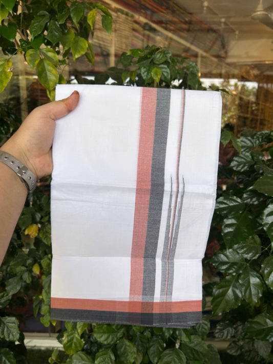 20% Discount ! Kaitharikada Balaramapuram 100% Pure Cotton Double Pure White Mundu/Dhoti - 100x80 - 1.5 inch Brick Red & Black shaded chutty 3.90 mtr (8.5 muzham) - 88 KK5287 PMC