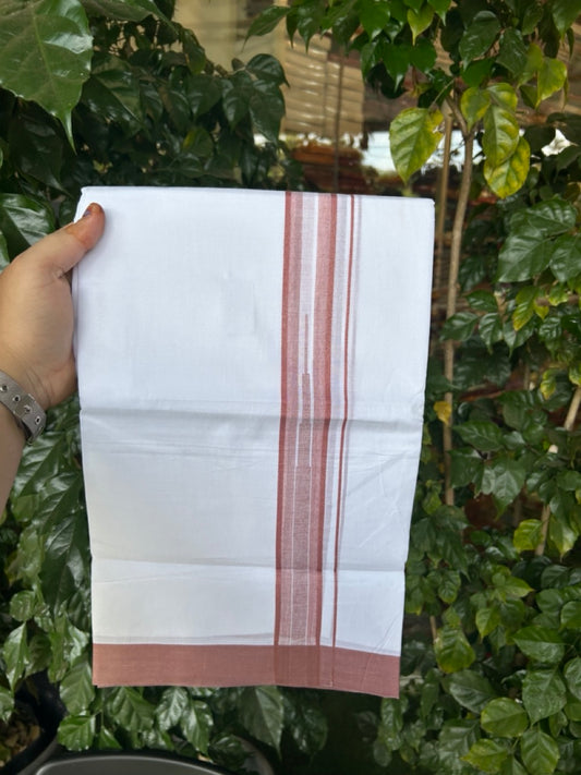 20% Discount ! Kaitharikada Balaramapuram 100% Pure Cotton Double Pure White Mundu/Dhoti - 100x80 - 1.25 inch Dusty Peach striped temple chutty 3.90 mtr (8.5 muzham) - 56 KK5287 PMC