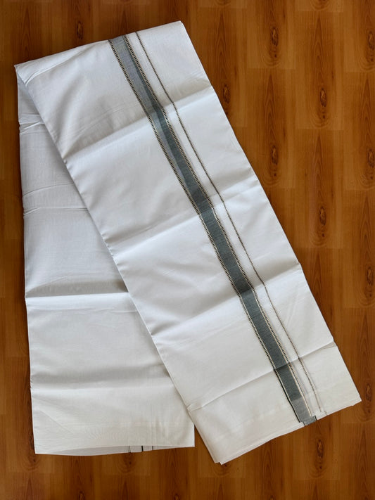 Double Pure White Mundu/Dhoti - 20% Discount !! KaithariKada Balaramapuram 100% Cotton - 100x80 - 1 Inch Puliyilakkara Silver Kasav & Green Striped Chutty Kara 3.90 mtr (8 muzham) - 10 KK5504 VAS