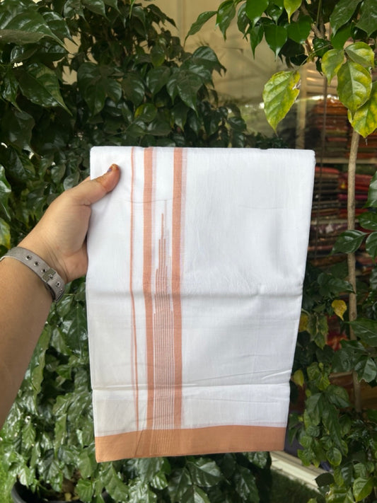 20% Discount ! Kaitharikada Balaramapuram 100% Pure Cotton Double Pure White Mundu/Dhoti - 100x80 - 1.5 inch Peanut Brown shaded striped temple chutty 3.90 mtr (8.5 muzham) - 58 KK5287 PMC