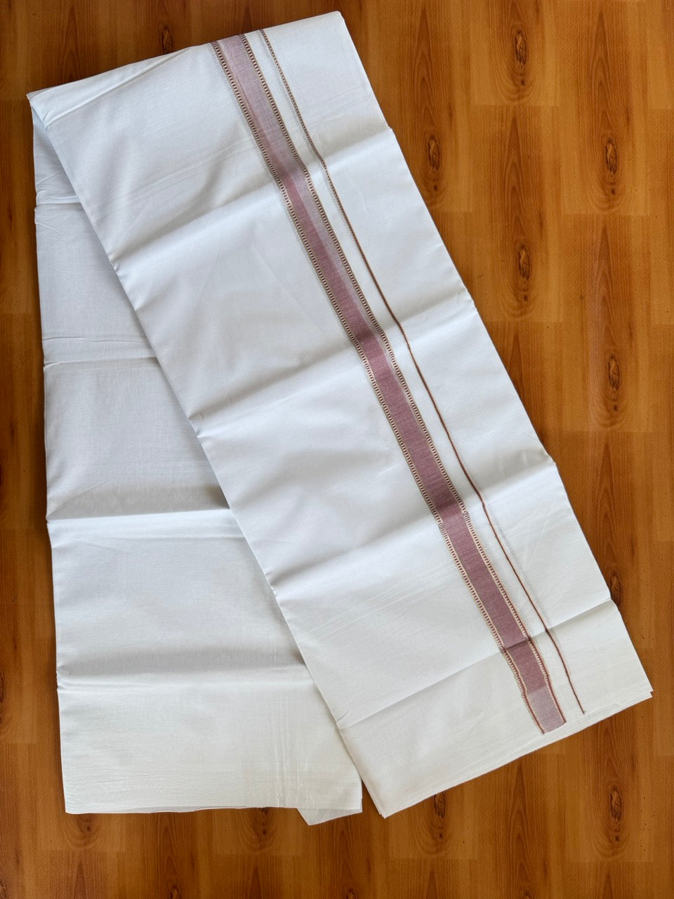 Double Pure White Mundu/Dhoti - 20% Discount !! KaithariKada Balaramapuram 100% Cotton - 100x80 - 1 Inch Puliyilakkara Silver Kasav & Dusty Peach Striped Chutty Kara 3.90 mtr (8 muzham) - 11 KK5504 VAS