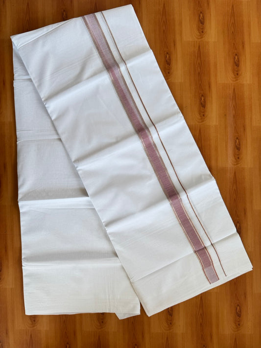 Double Pure White Mundu/Dhoti - 20% Discount !! KaithariKada Balaramapuram 100% Cotton - 100x80 - 1 Inch Puliyilakkara Silver Kasav & Dusty Peach Striped Chutty Kara 3.90 mtr (8 muzham) - 11 KK5504 VAS