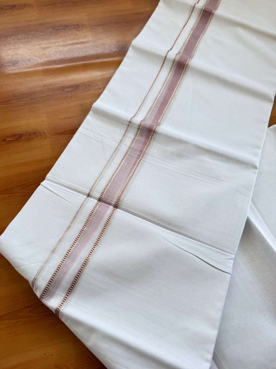 Double Pure White Mundu/Dhoti - 20% Discount !! KaithariKada Balaramapuram 100% Cotton - 100x80 - 1 Inch Puliyilakkara Silver Kasav & Dusty Peach Striped Chutty Kara 3.90 mtr (8 muzham) - 11 KK5504 VAS
