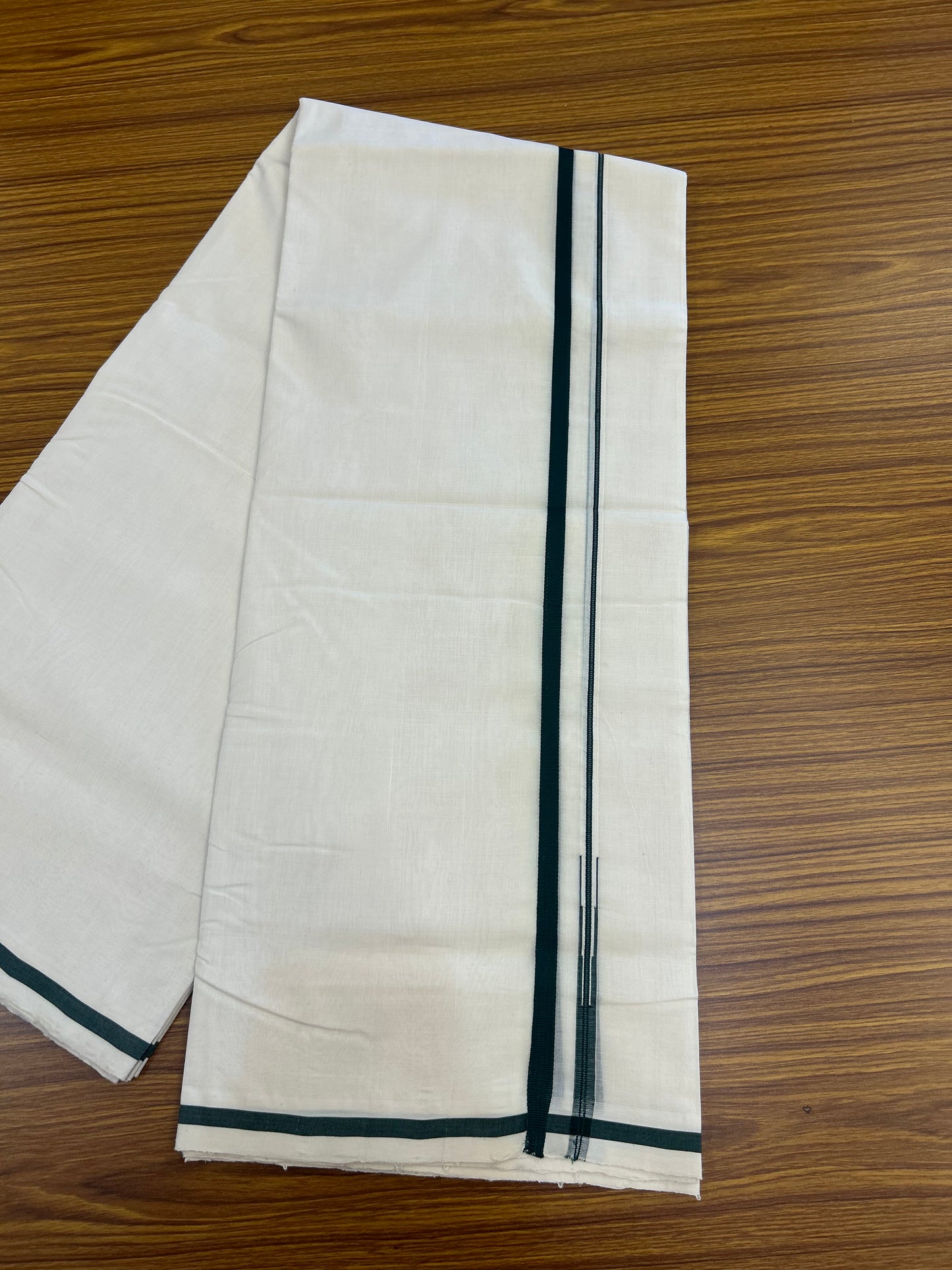 25% Discount! KaithariKada Handloom Unakkupaav   - Kerala Handloom - 100% Pure Cotton Off White (Unbleached) Double Mundu/Dothi - 100x80 - 1 cm Puliyilakkara Green Chutty Kara 4.5 Meters (10 Muzham) - 1 KK5353 REA