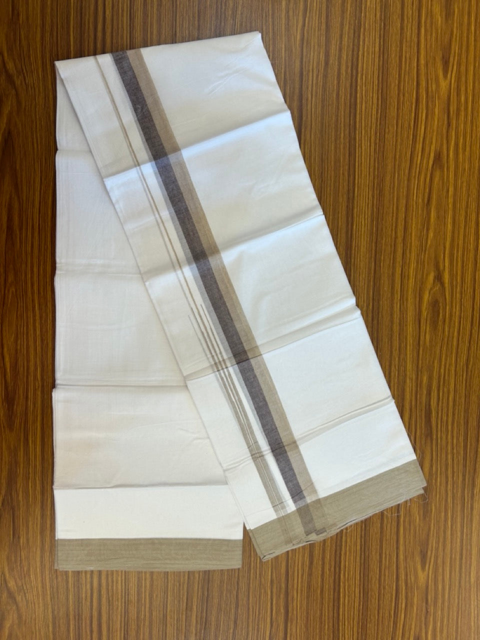 20% Discount ! Kaitharikada Balaramapuram 100% Pure Cotton Double Pure White Mundu/Dhoti - 100x80 - 1.25 inch Sand Brown & Dark Brown shaded striped chutty 3.90 mtr (8.5 muzham) - 83 KK5287 PMC