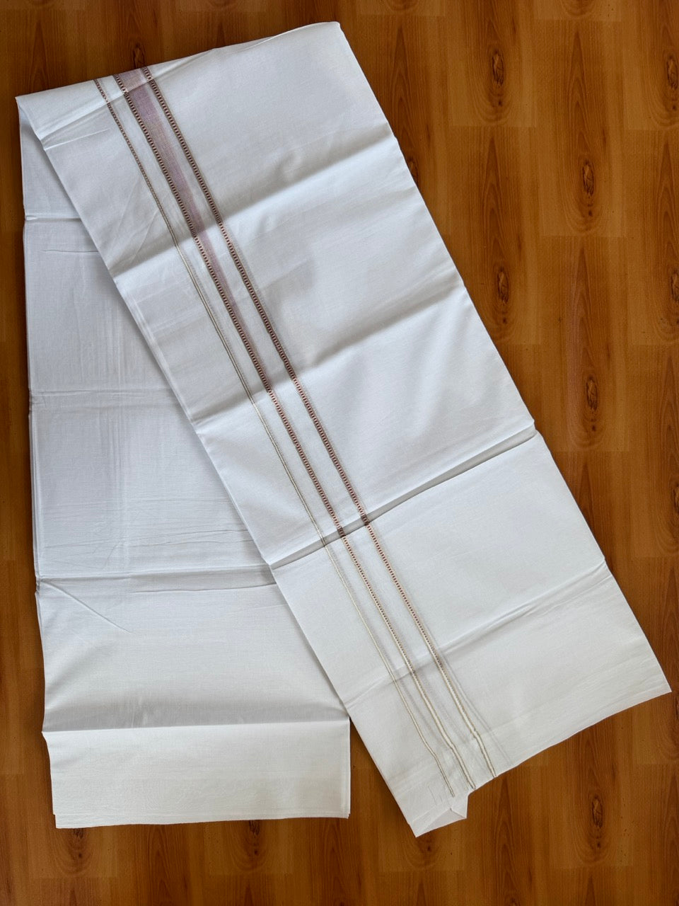 Double Pure White Mundu/Dhoti - 20% Discount !! KaithariKada Balaramapuram 100% Cotton - 100x80 - 1 Inch Puliyilakkara Silver Kasav & Dusty Peach Striped Chutty Kara 3.90 mtr (8 muzham) - 11 KK5504 VAS