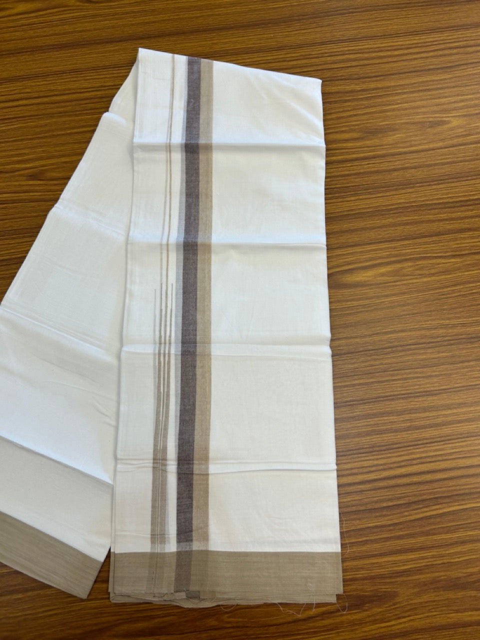 20% Discount ! Kaitharikada Balaramapuram 100% Pure Cotton Double Pure White Mundu/Dhoti - 100x80 - 1.25 inch Sand Brown & Dark Brown shaded striped chutty 3.90 mtr (8.5 muzham) - 83 KK5287 PMC