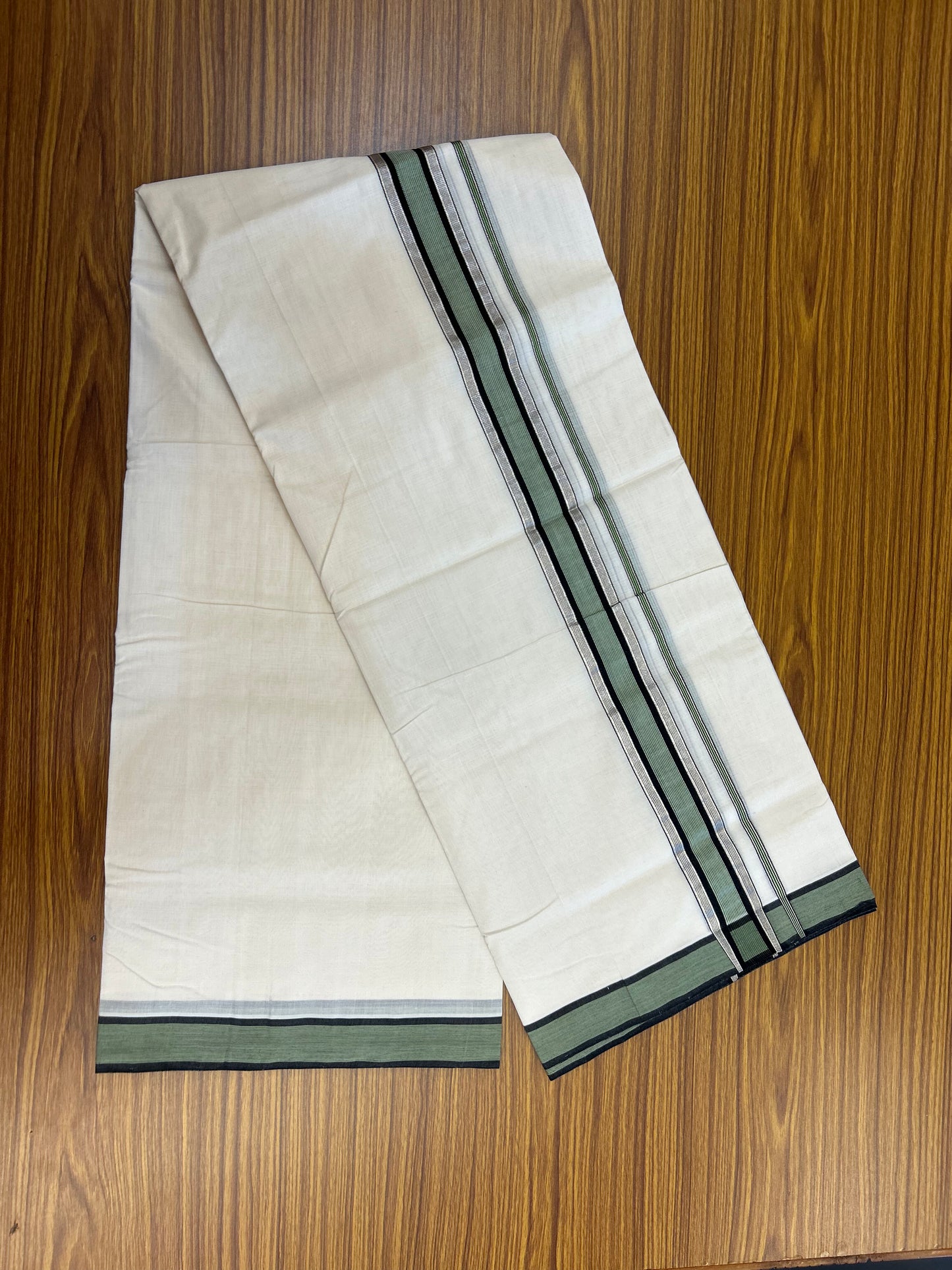 25% Discount! KaithariKada Handloom Unakkupaav   - Kerala Handloom - 100% Pure Cotton Off White (Unbleached) Double Mundu/Dothi - 100x80 - 1.75 inch Silver Kasav Black & Light Green Striped Kara 4.5 Meters (10 Muzham) - 2 KK5353 REA