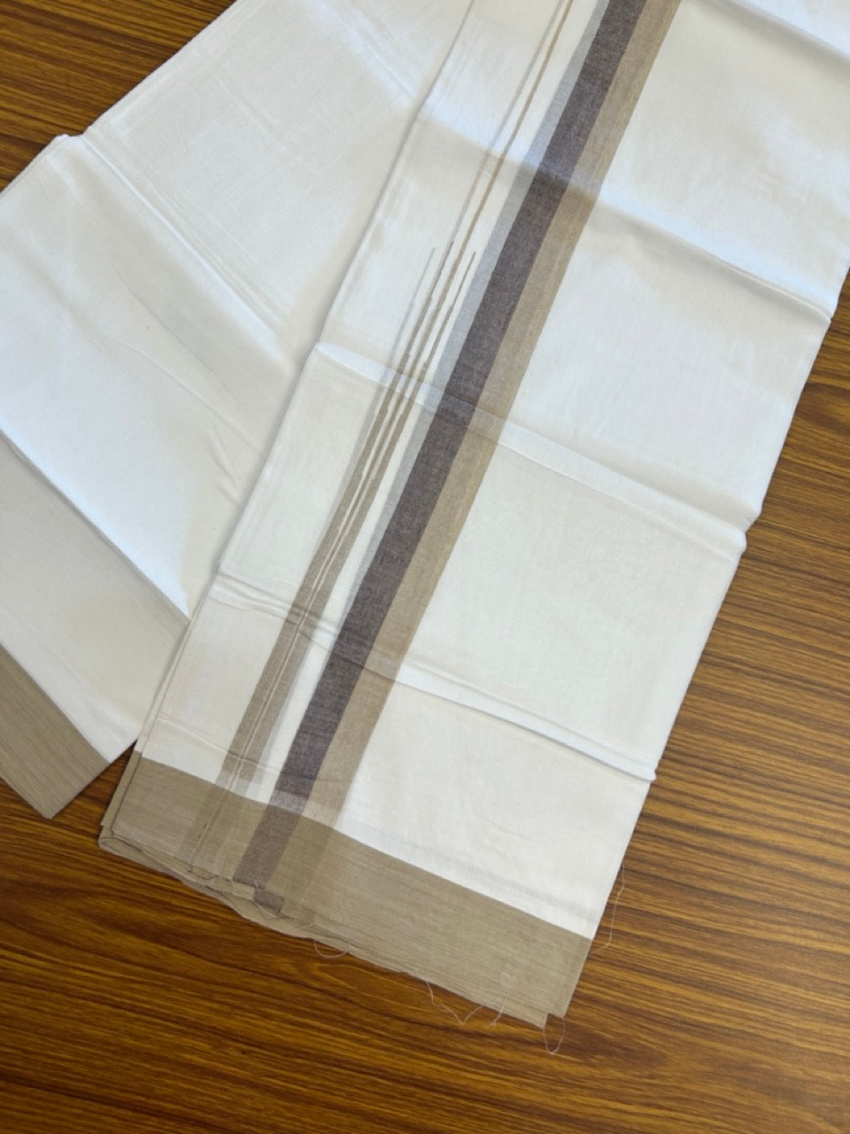 20% Discount ! Kaitharikada Balaramapuram 100% Pure Cotton Double Pure White Mundu/Dhoti - 100x80 - 1.25 inch Sand Brown & Dark Brown shaded striped chutty 3.90 mtr (8.5 muzham) - 83 KK5287 PMC