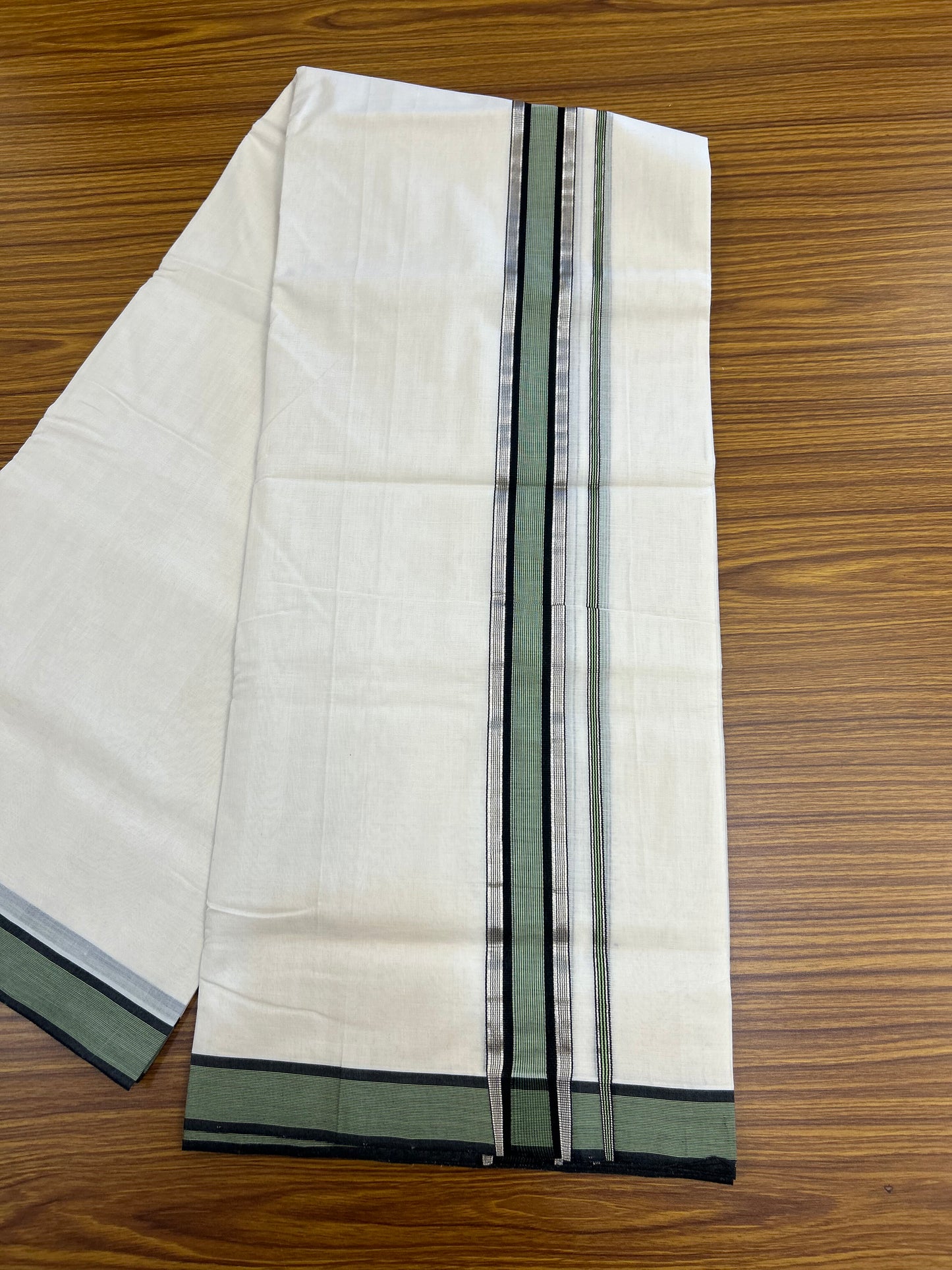 25% Discount! KaithariKada Handloom Unakkupaav   - Kerala Handloom - 100% Pure Cotton Off White (Unbleached) Double Mundu/Dothi - 100x80 - 1.75 inch Silver Kasav Black & Light Green Striped Kara 4.5 Meters (10 Muzham) - 2 KK5353 REA