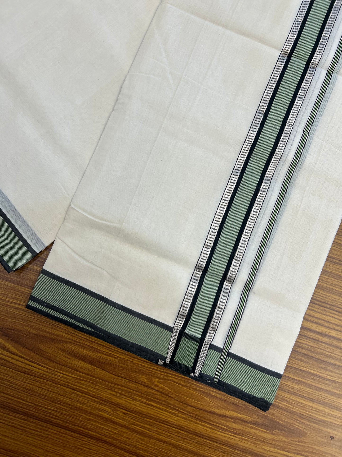 25% Discount! KaithariKada Handloom Unakkupaav   - Kerala Handloom - 100% Pure Cotton Off White (Unbleached) Double Mundu/Dothi - 100x80 - 1.75 inch Silver Kasav Black & Light Green Striped Kara 4.5 Meters (10 Muzham) - 2 KK5353 REA