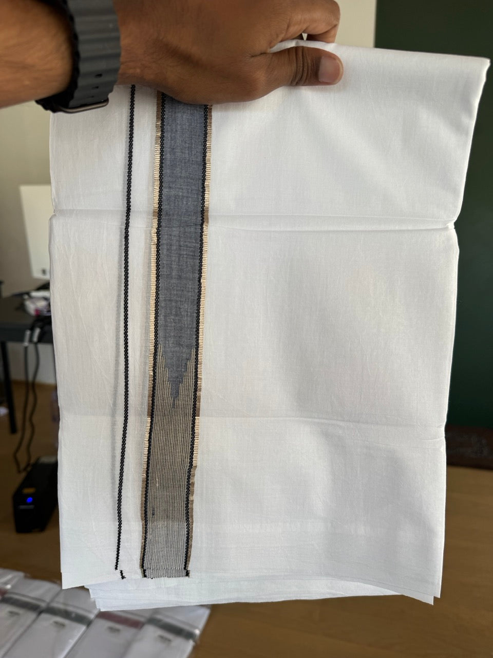 Double Pure White Mundu/Dhoti - 20% Discount !! KaithariKada Balaramapuram 100% Cotton - 100x80 - 1.25 inch Black & Sand Brown Silver Kasav Chutty Kara 3.80 mtr (8 muzham) - 7 KK5505 VAS