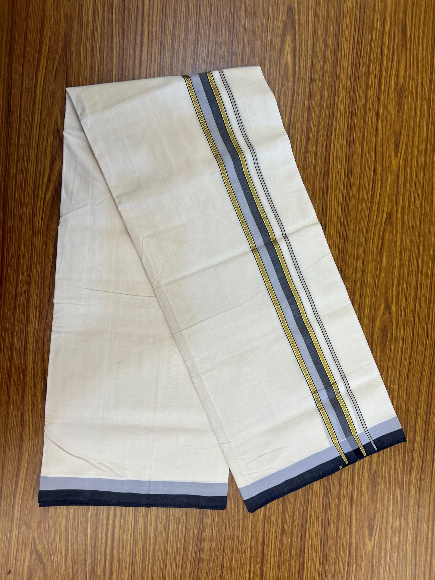 25% Discount! KaithariKada Handloom Unakkupaav   - Kerala Handloom - 100% Pure Cotton Off White (Unbleached) Double Mundu/Dothi - 100x80 - 1.75 inch Gold Kasav Blue & Ash Blue Striped Kara 4.5 Meters (10 Muzham) - 3 KK5353 REA