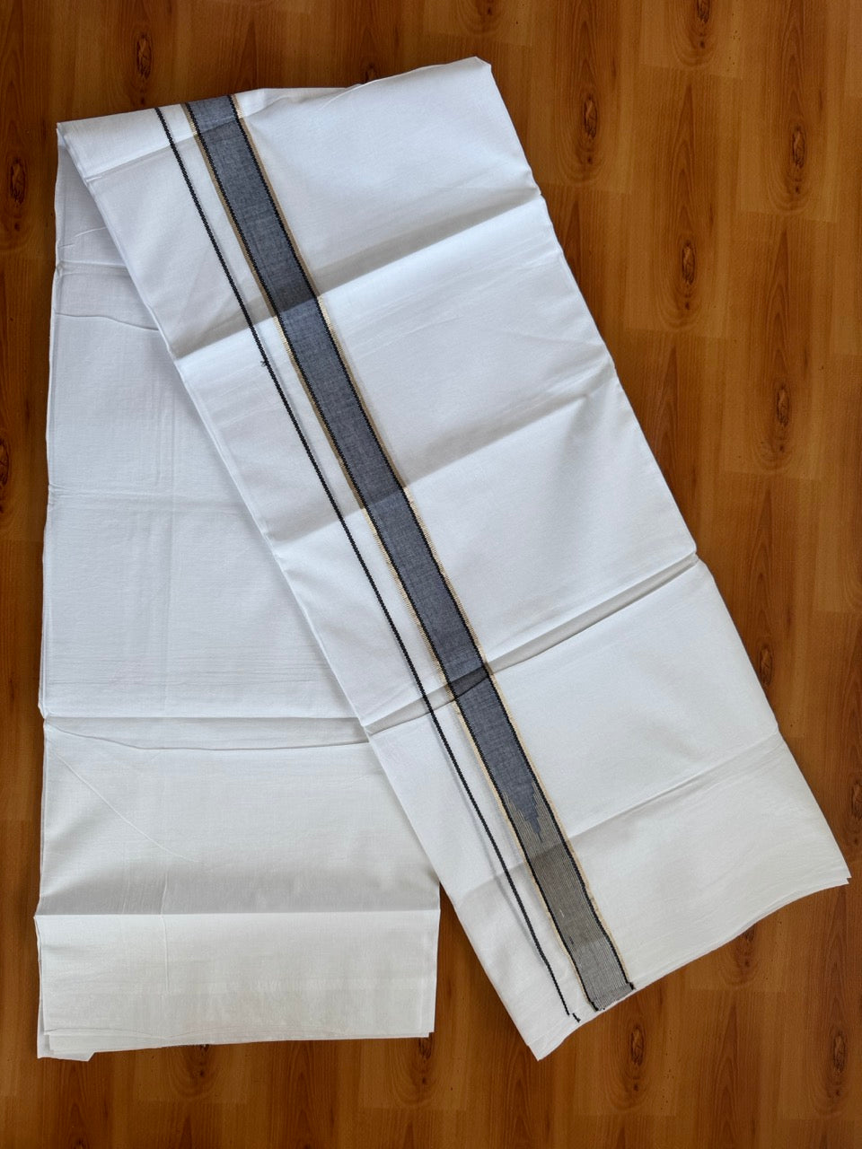 Double Pure White Mundu/Dhoti - 20% Discount !! KaithariKada Balaramapuram 100% Cotton - 100x80 - 1.25 inch Black & Sand Brown Silver Kasav Chutty Kara 3.80 mtr (8 muzham) - 7 KK5505 VAS